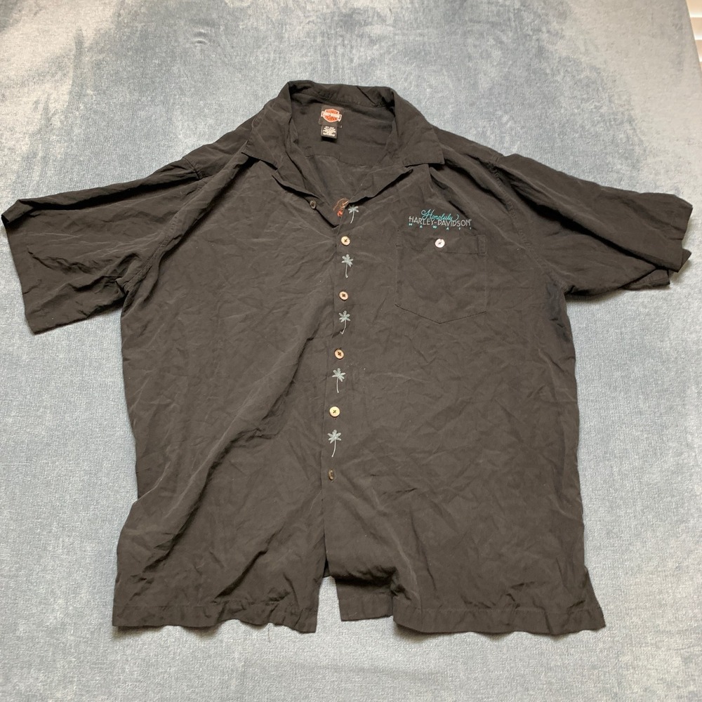 Harley Davidson Aloha Shirt Mens 3XL Black Silk Camp Honolulu Hawaii Resort Wear